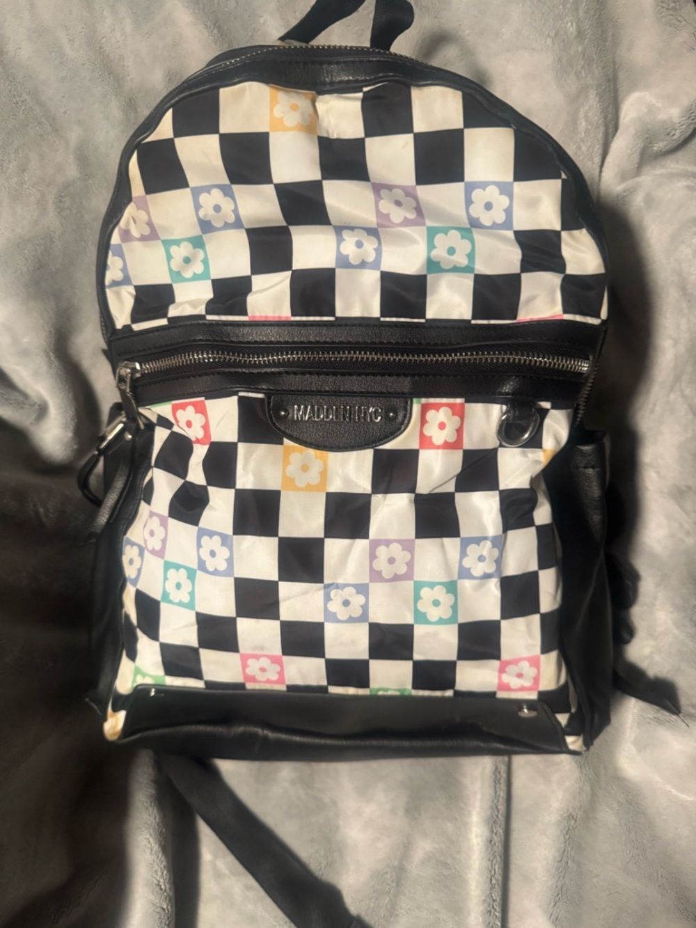 Madden Girl Black & White Checkerboard Backpack with Pastel Flower Accents